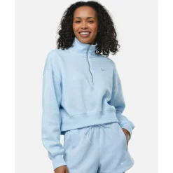 Clearance Nike Womens Phoenix Fleece Cropped Half Zip Top Blue